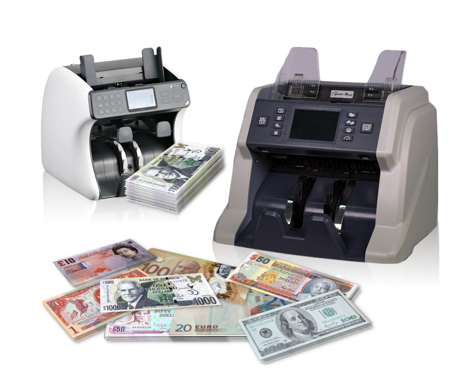 Image of money counter, and multiple Caribbean US and Canadian Notes